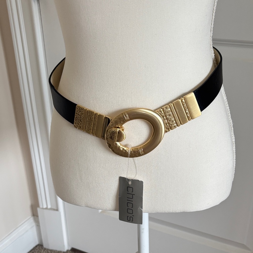 Chico's NWT Vintage Adjustable Slouch Black Belt with Gold Ring Buckle
